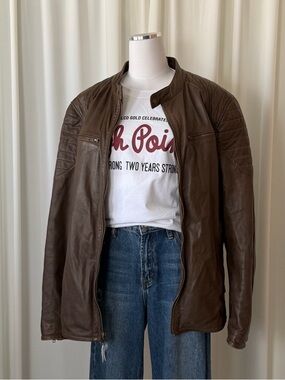 Black Rivet Leather Moto Jacket XXL - Earth Tone Brown With distressed look.